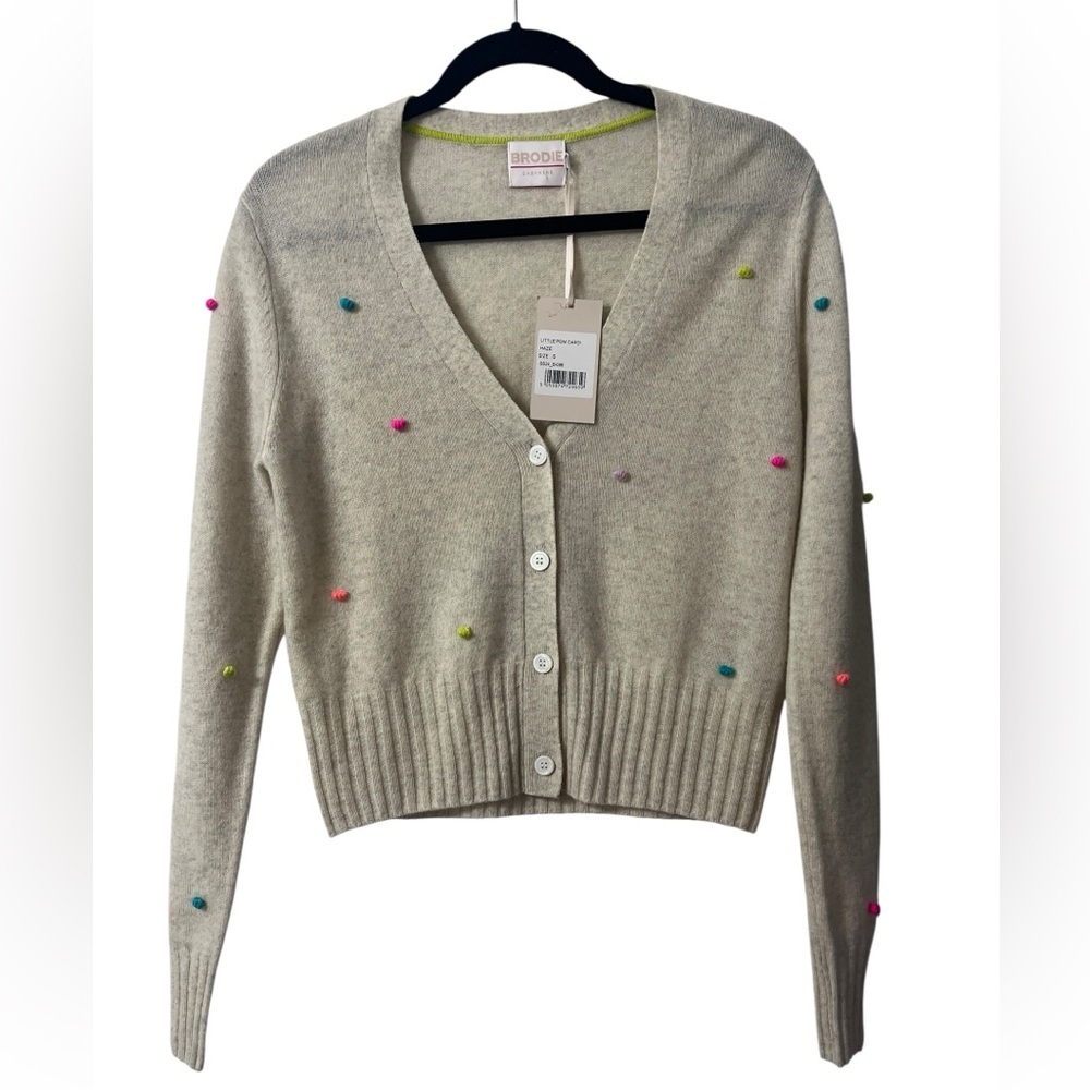 Brodie Cashmere Little Pom Beige Cardigan 100% Pure Cashmere- Size S